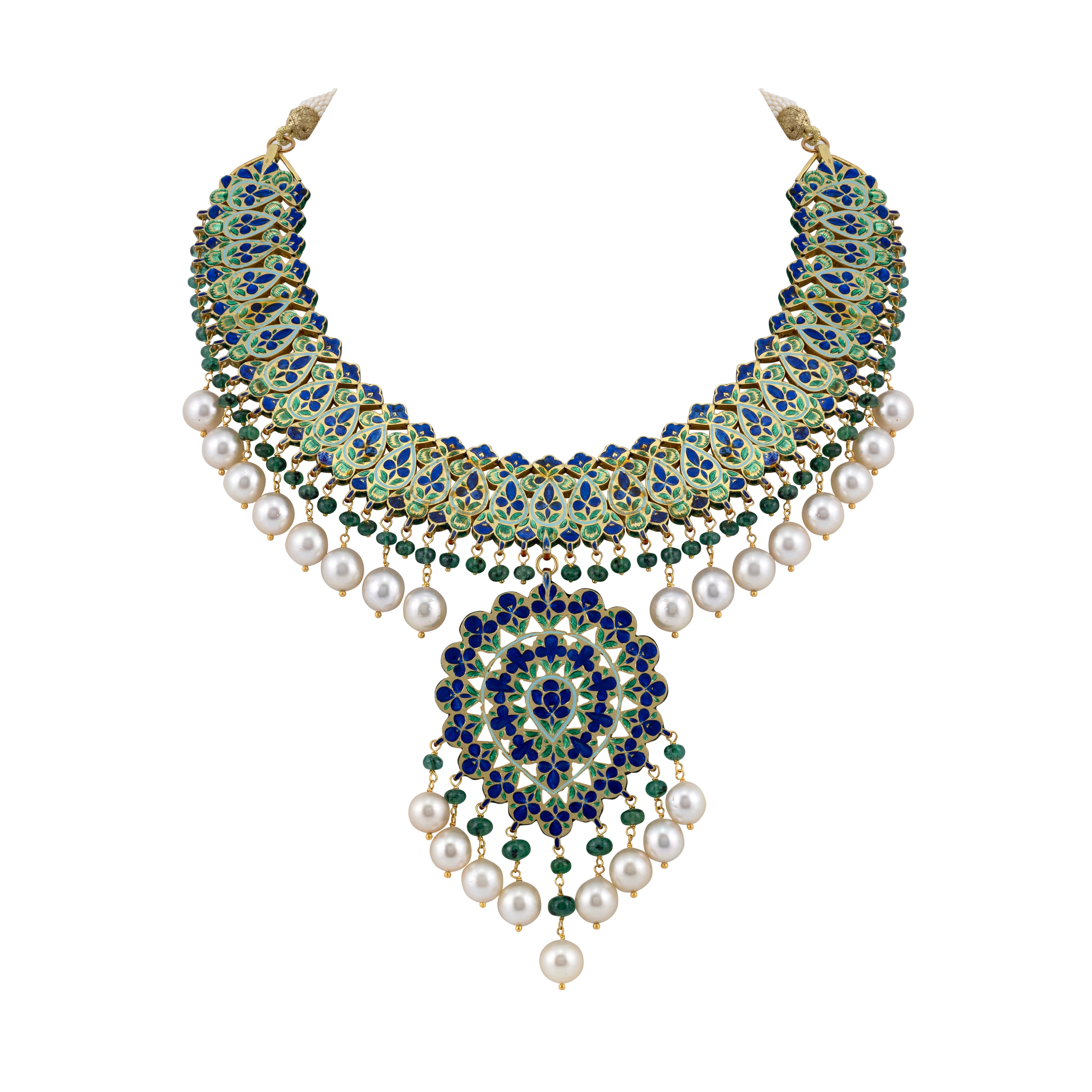 Polki and Pearl Choker Necklace with Emerald Accents